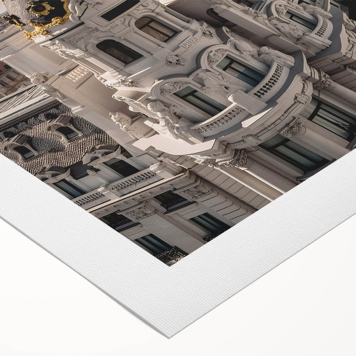 Art deco poster of Madrid skyline in muted earth tones on rolled canvas, suitable for dining room wall art.