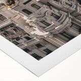 Art deco poster of Madrid skyline in muted earth tones on rolled canvas, suitable for dining room wall art.