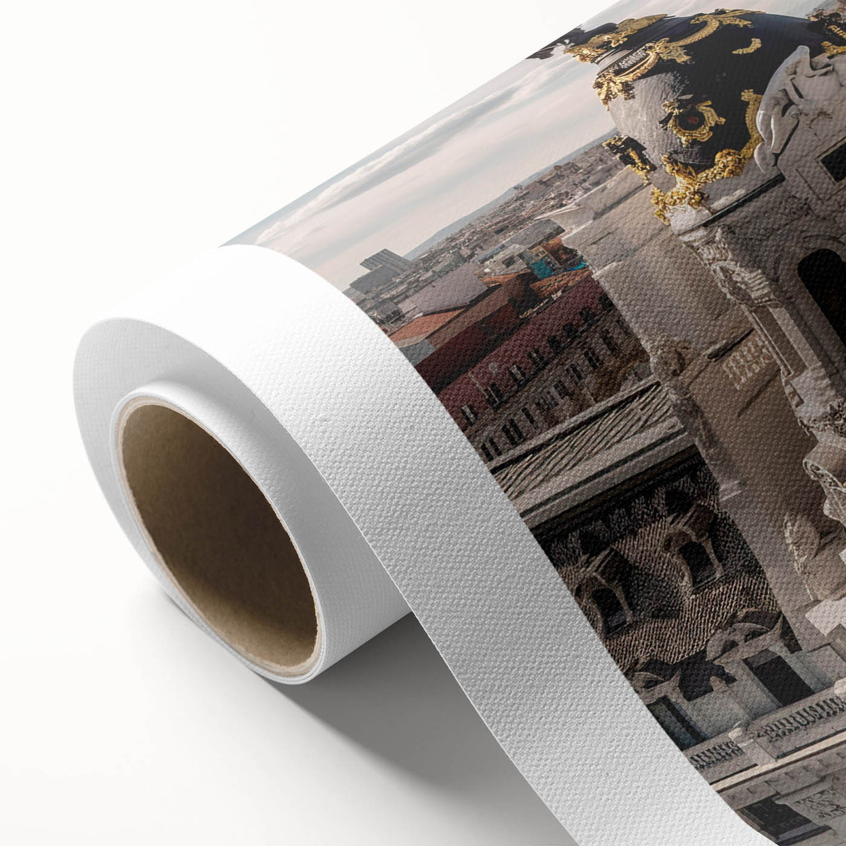 Art deco poster of Madrid scenery in pastel shades on rolled canvas, ideal for nursery wall art or dining room.