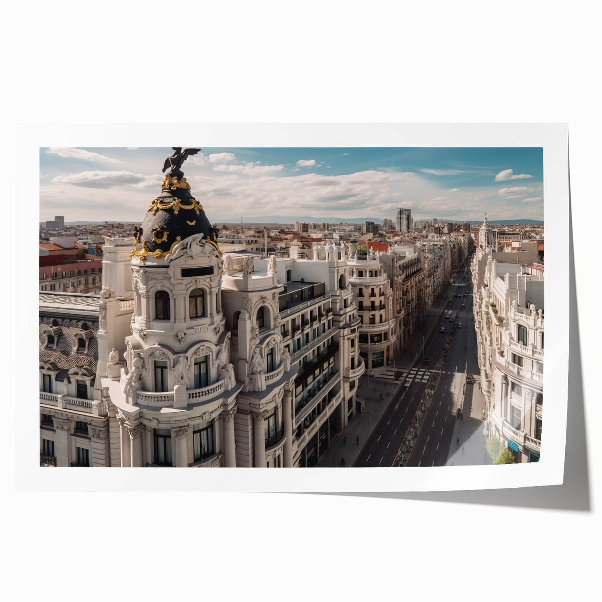 Rolled print of Madrid scenery with vibrant floral elements, ideal for art wall dining room.