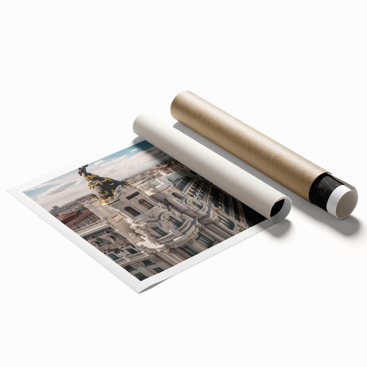 Extra large rolled print of Madrid scenery with vibrant floral elements, ideal for classy bathroom wall art.