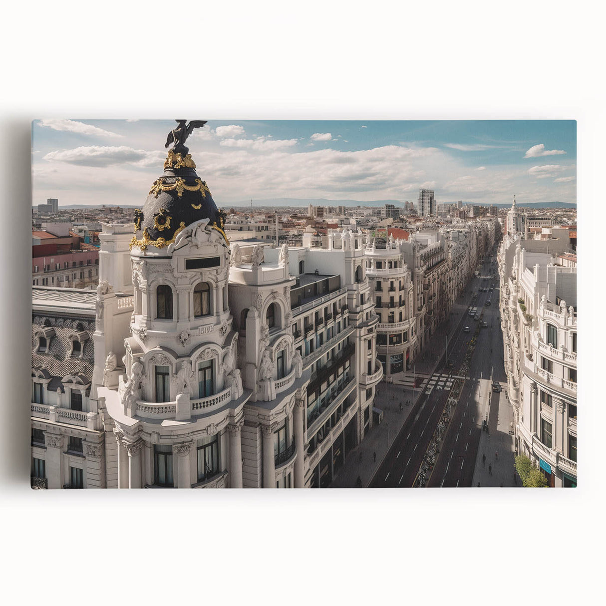 Black and white stretched canvas of Madrid streetscape, ideal for kitchen art.