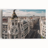Black and white stretched canvas of Madrid streetscape, ideal for kitchen art.