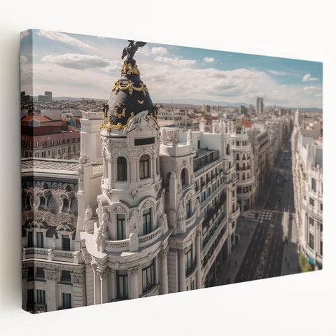 Large canvas print of Madrid cityscape in muted earth tones, suitable for kitchen wall art.