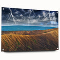 Large abstract wall art of European scenery on acrylic glass, showcasing muted earth tones, ideal for dining room decor.