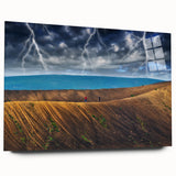 Large abstract wall art of a European scenery in muted green and blue tones on acrylic glass.