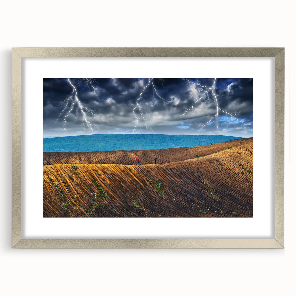 Textured abstract art print depicting a serene European landscape in muted earth tones, framed in silver.