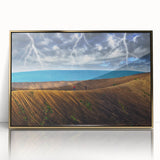 Mid-century modernist style landscape of a European village in muted earth tones, framed acrylic print.