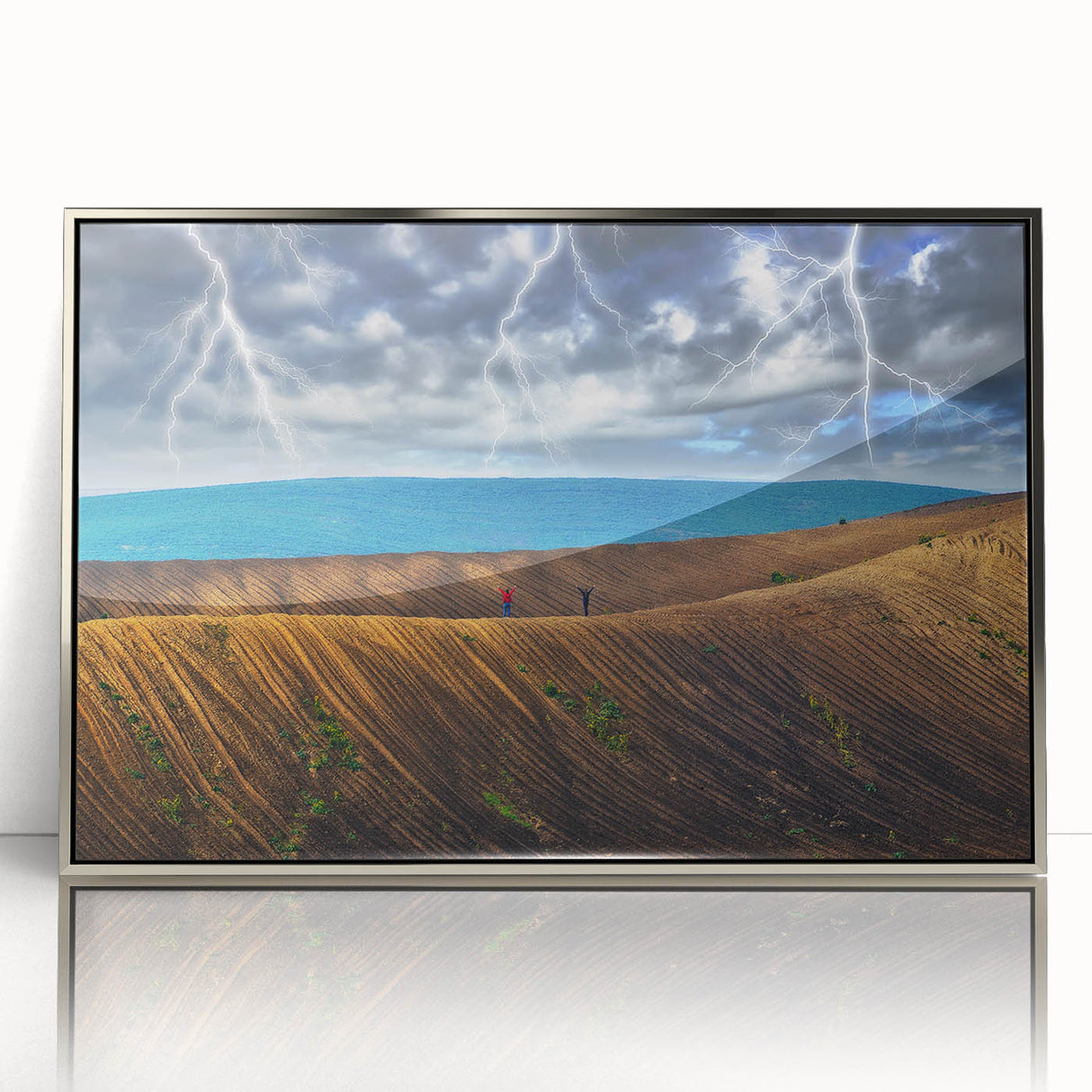 Mid-century modernist art depicting a serene European landscape in muted greens and blues, silver-framed acrylic print.