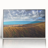 Art deco poster of European scenery, in muted pastel shades on white-framed acrylic, suitable for modern art wall decor.
