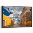 Vintage poster art of Yucatan, Mexico on extra large framed canvas with colorful imagery, ideal for living room decor.