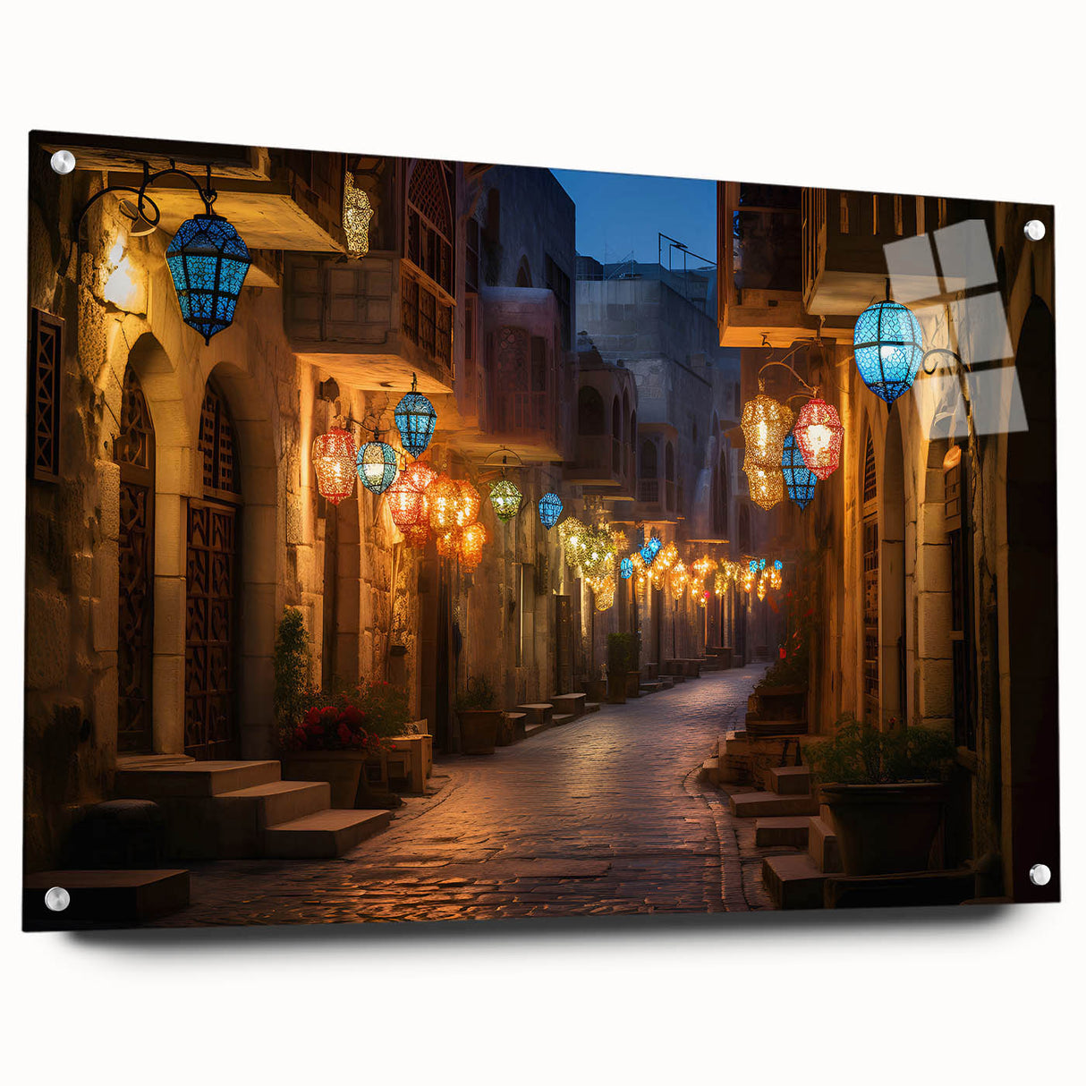 Acrylic glass print of Dubai skyline in muted gray and blue tones, suitable for bedroom or dining room decor.