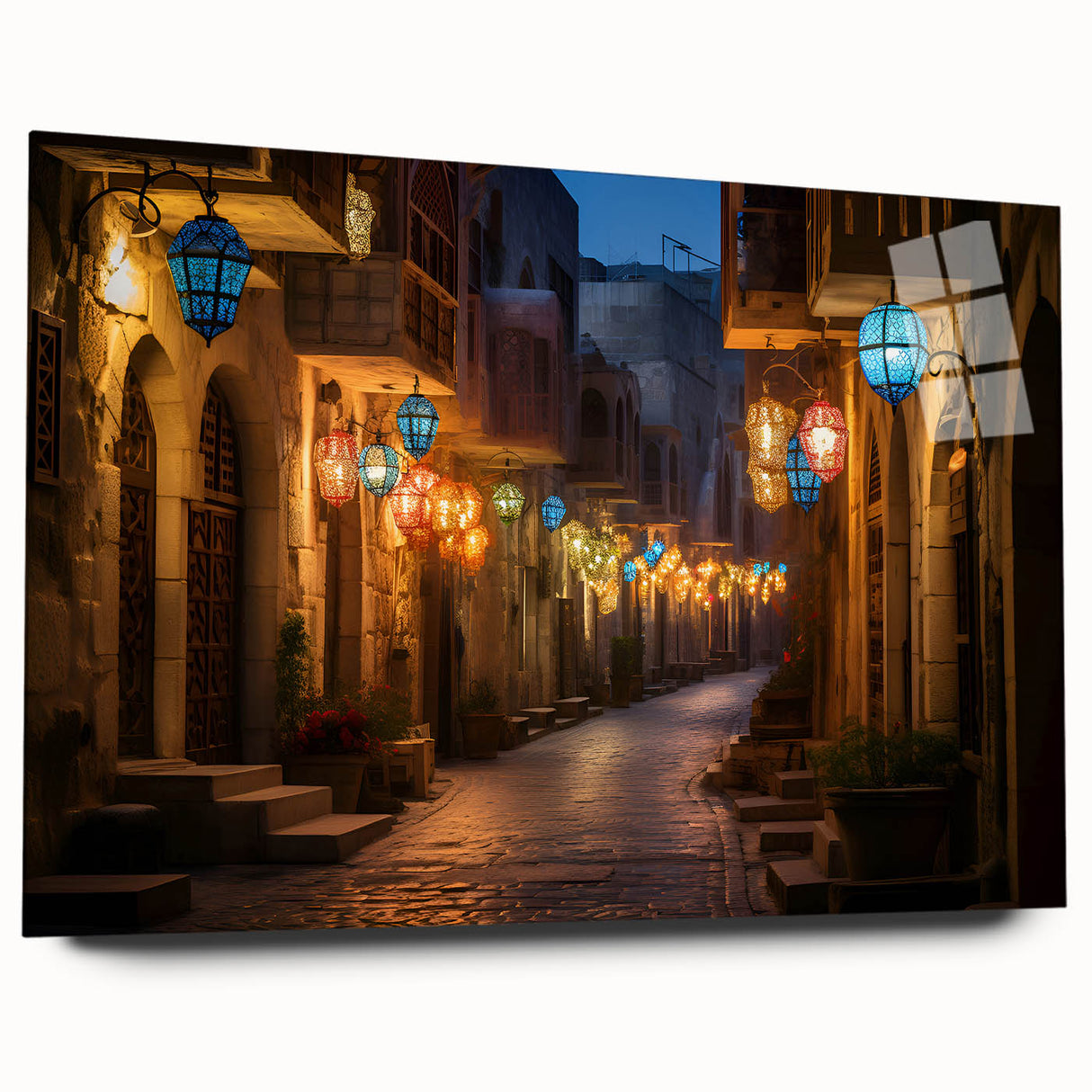 Large abstract wall art of Dubai skyline in muted gray and blue tones on acrylic glass.