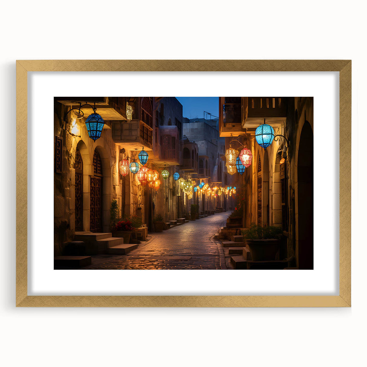 Extra large abstract art print of Dubai skyline in gold textured finish on framed canvas, ideal for living room decor.