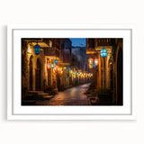 Abstract art print of Dubai skyline in muted gray and blue tones on a framed white mat, suitable for dining room decor.