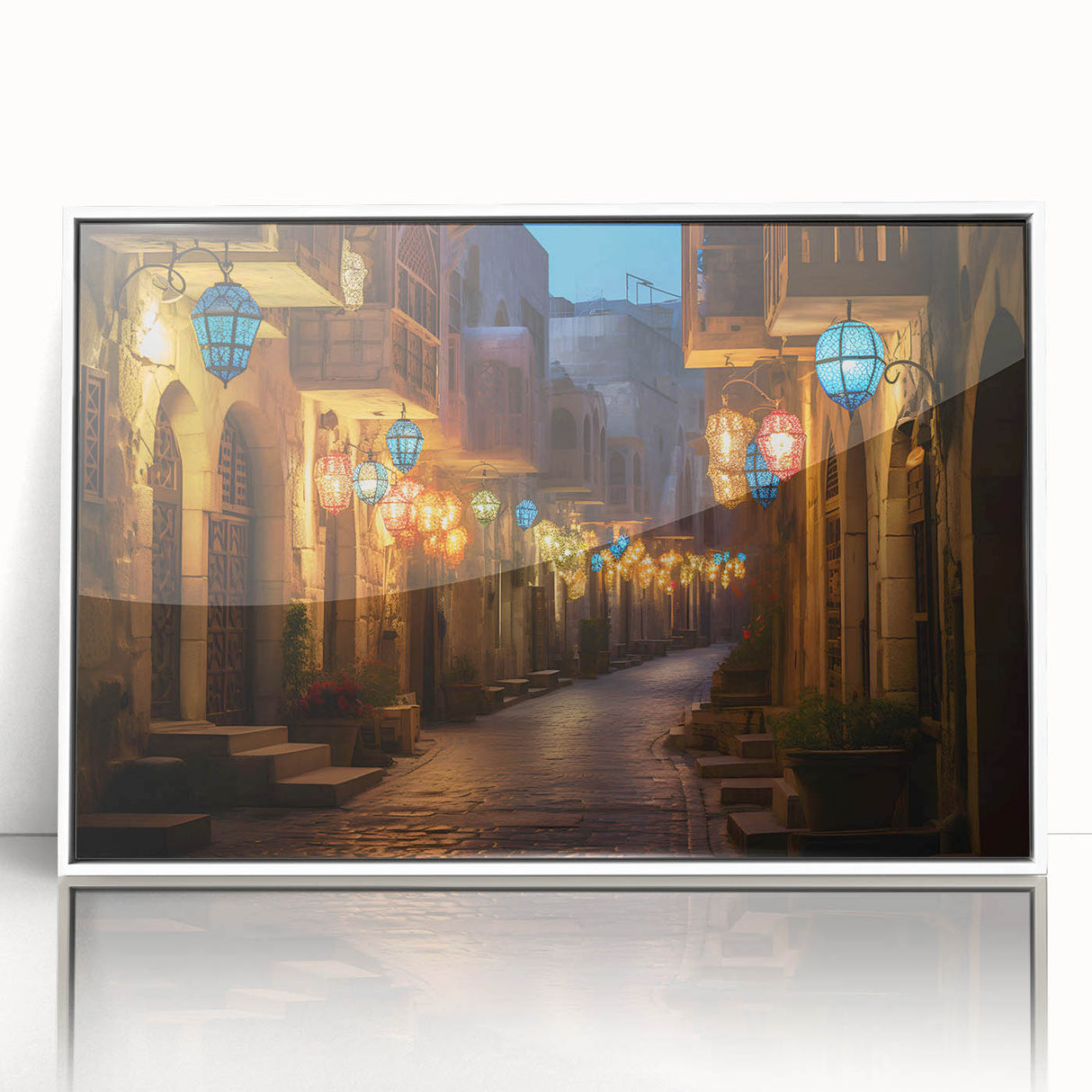 Art deco poster of Dubai skyline in muted gold and white on acrylic, ideal for modern art wall decor.