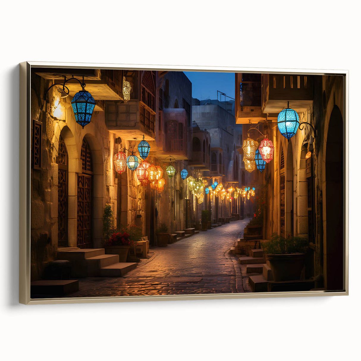 Framed canvas wall art of Dubai skyline in muted gold and black tones, suitable for bedroom decor.