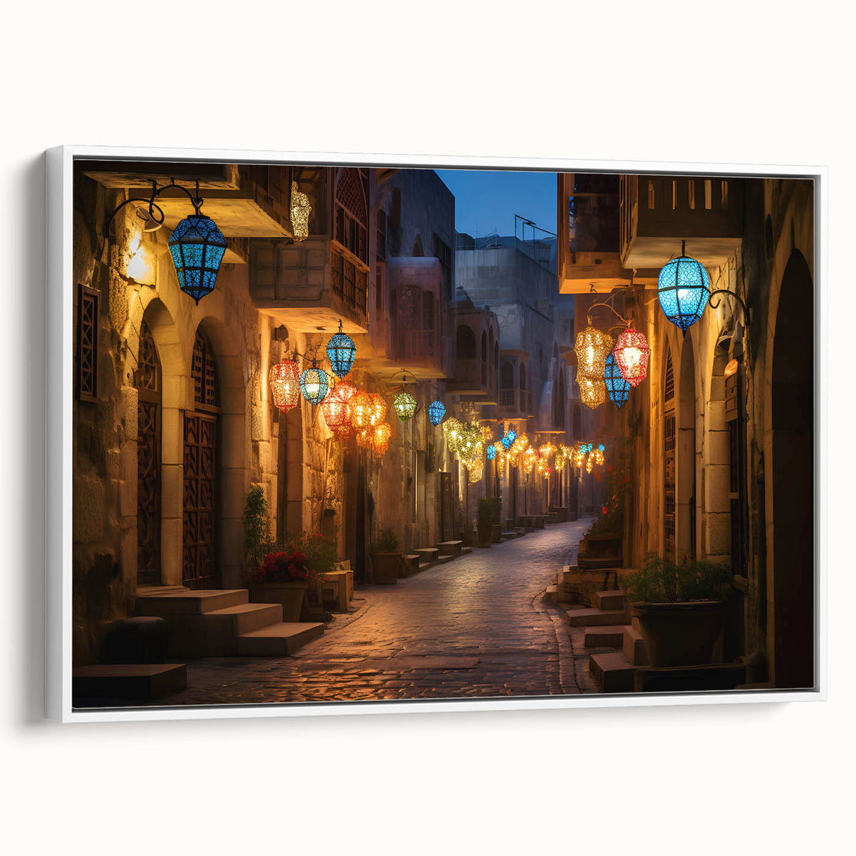 Framed canvas of vintage poster art depicting the Dubai skyline in colorful hues, ideal for living room decor.