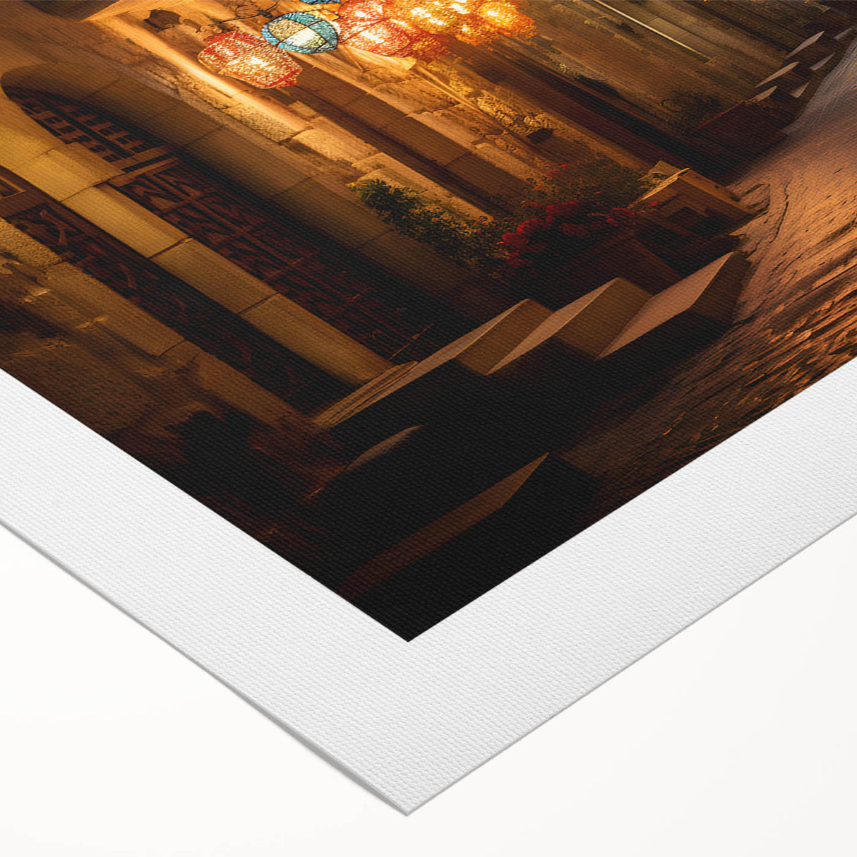 Art deco poster of Dubai skyline in muted gold and blue tones on rolled canvas, suitable for dining room wall art.