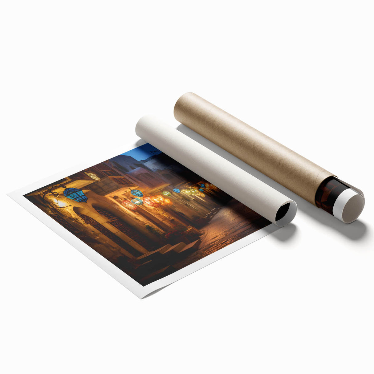 Extra large rolled print of Dubai skyline with muted gray and blue tones, ideal for classy bathroom wall art.