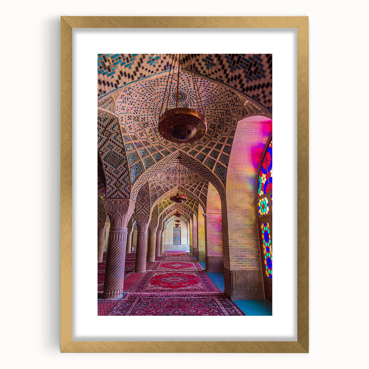 Extra large abstract art print of a Middle Eastern scenery in gold frame, ideal for living room decor.