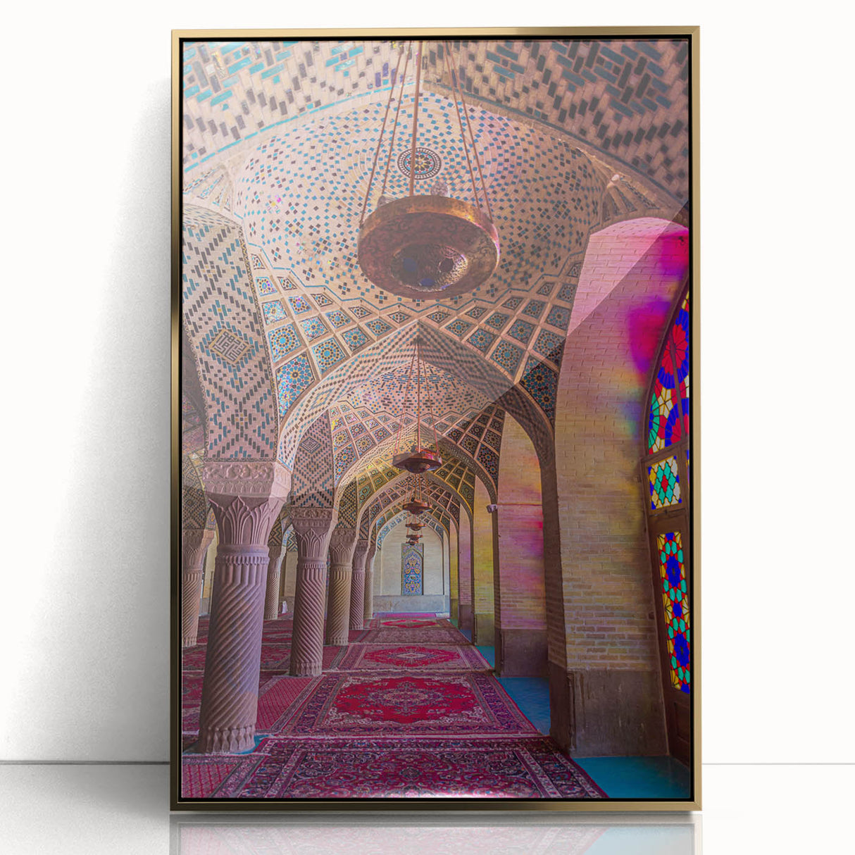 Large art print of a mid-century modernist Iranian scenery in gold tones on framed acrylic.