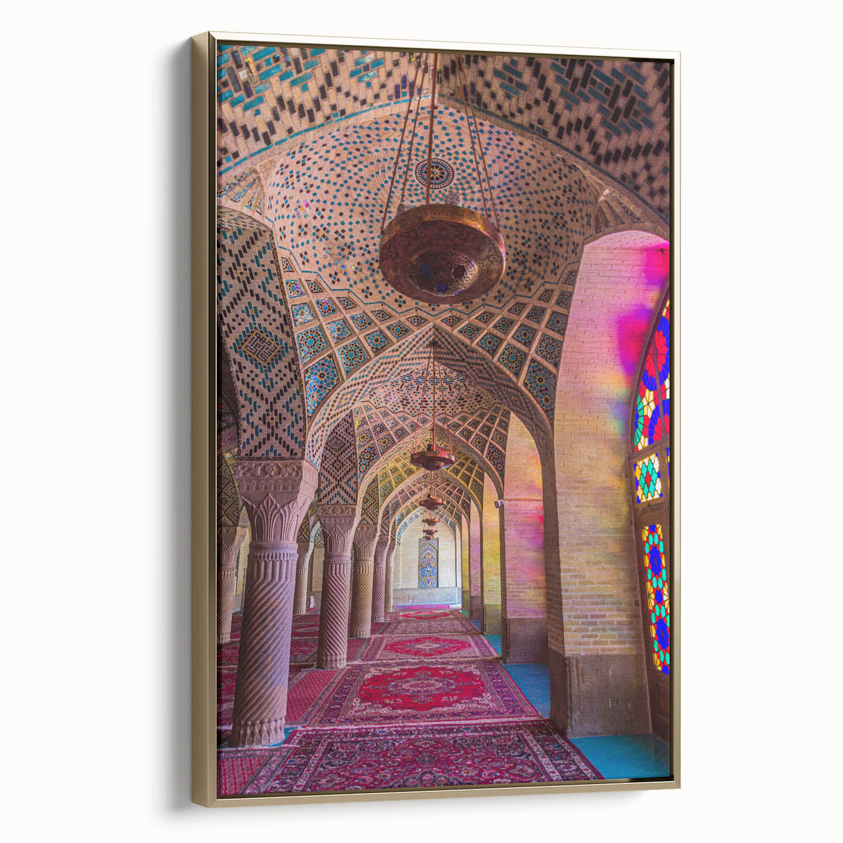 Framed canvas featuring a vintage-style landscape painting of a Middle Eastern scenery, with muted gold and black tones.