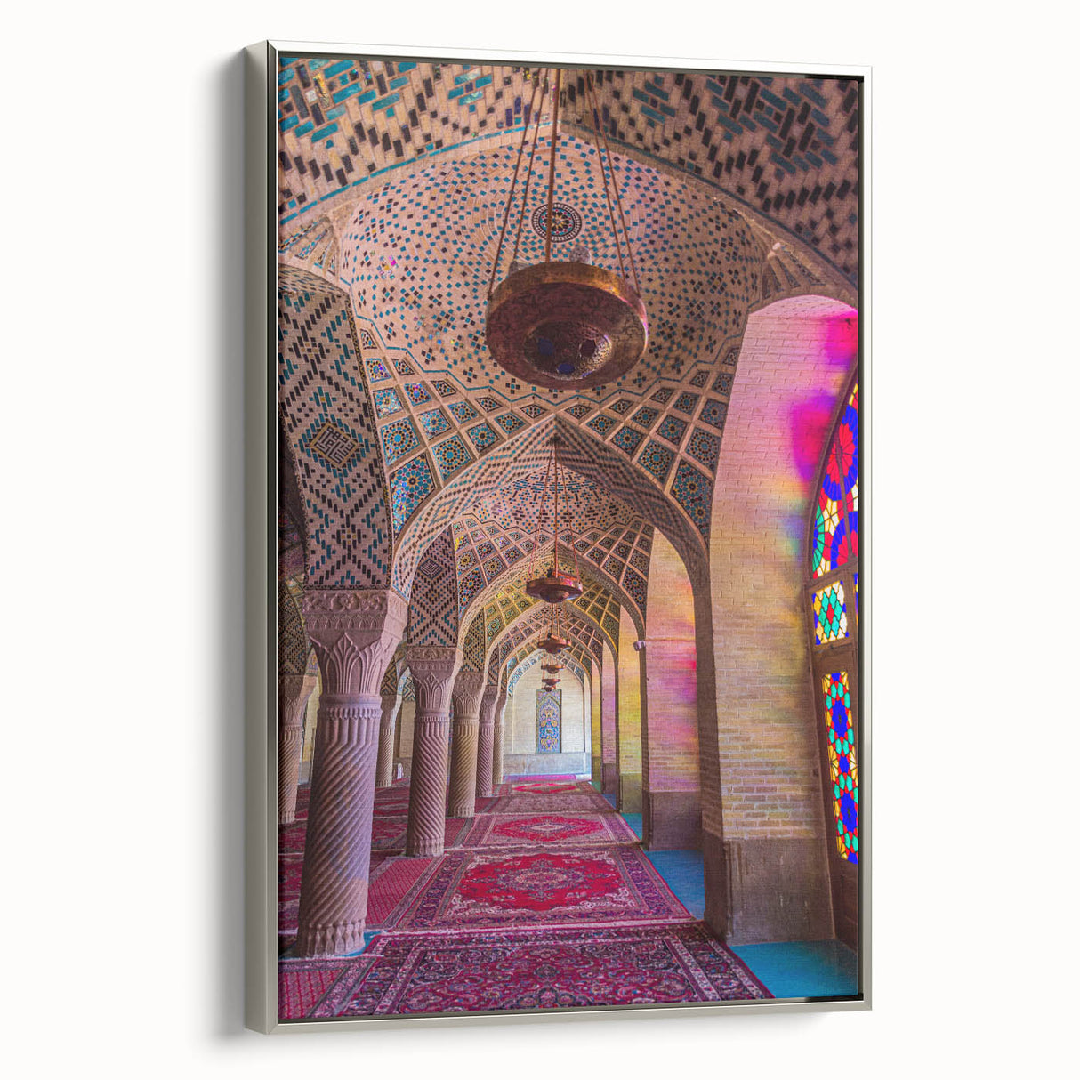 Landscape art painting of a Middle Eastern scenery in vibrant colors on a framed canvas, suitable for living room decor.