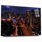 Acrylic print of a large abstract Tel Aviv skyline in muted gray and blue tones, ideal for bedroom or dining room art.