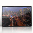 Large abstract wall art depicting the Tel Aviv skyline in muted gray and blue tones on a framed acrylic panel.