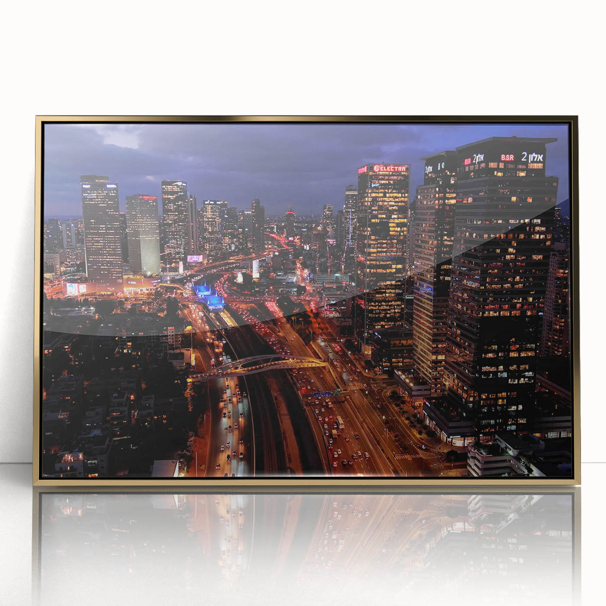 Acrylic print of Tel Aviv skyline in muted gold tones on a framed canvas, suitable for modern art wall decor.