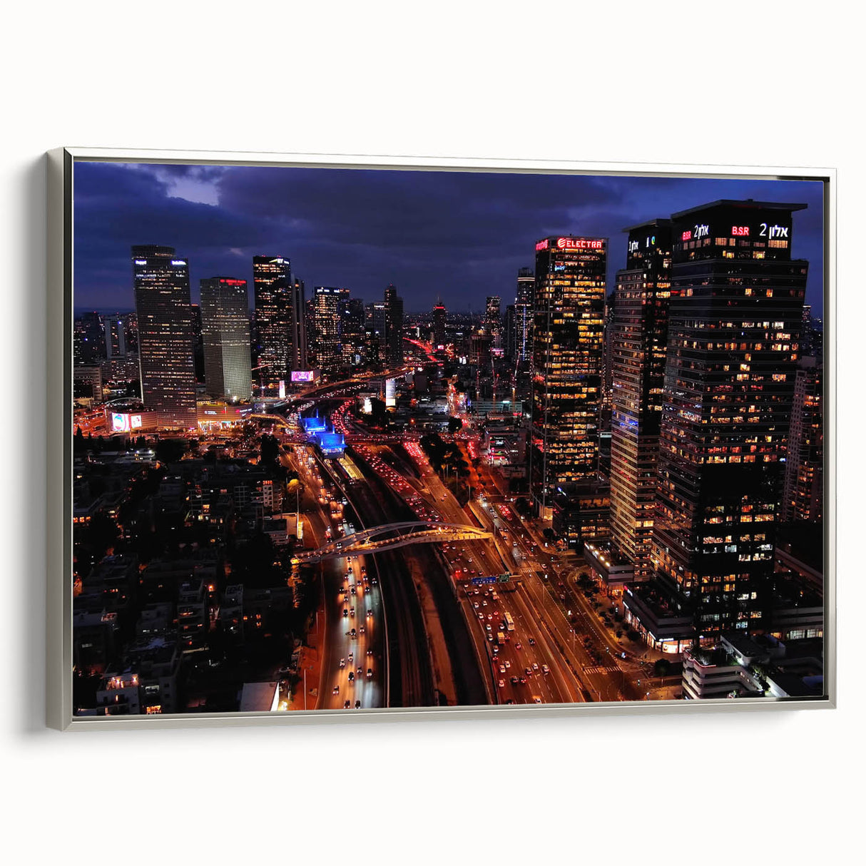 Framed canvas depicting a vintage-style Tel Aviv landscape in colorful art tones, ideal for modern living room decor.