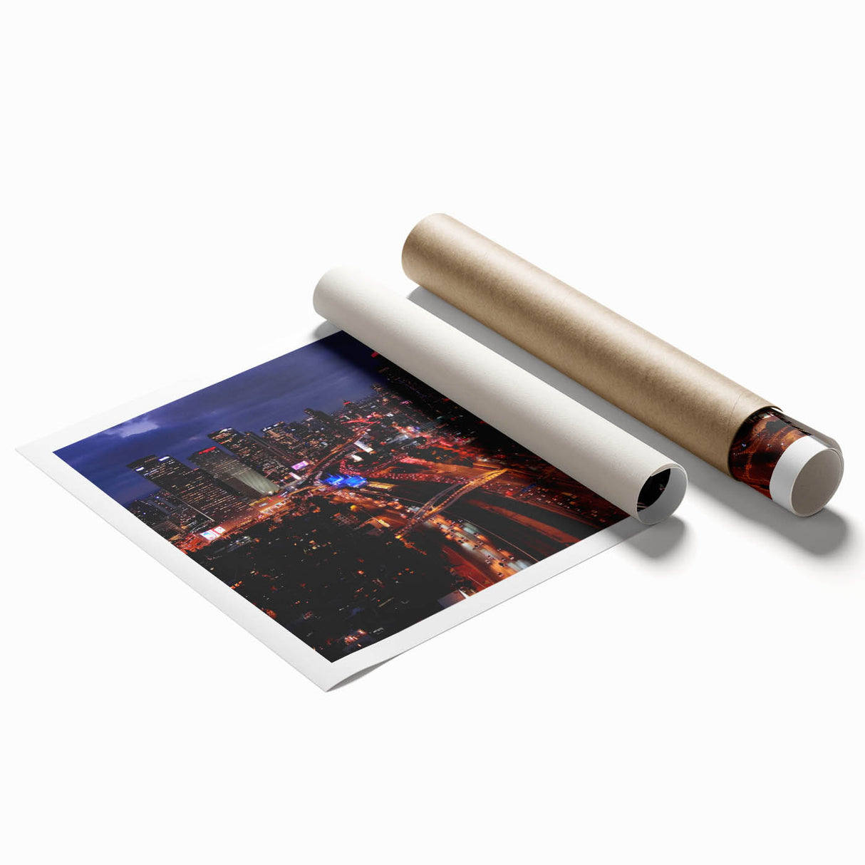 Rolled print of Tel Aviv scenery with floral elements in soft pastel colors, ideal for classy bathroom wall art.