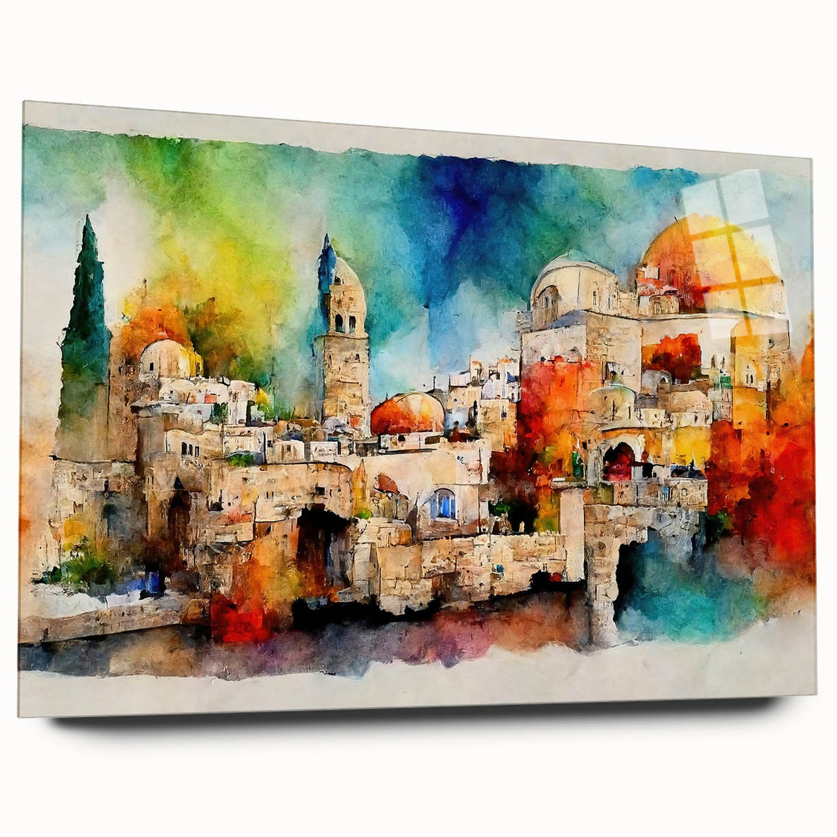 Large abstract wall art of a Middle Eastern scenery on acrylic glass, featuring earth tones.