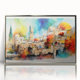Mid-century modernist art depicting a serene Middle Eastern landscape in muted earth tones on a framed acrylic panel.