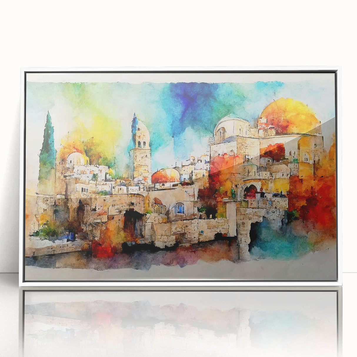 Art deco poster featuring a serene Israeli landscape in muted earth tones on framed acrylic, ideal for modern art wall decor.