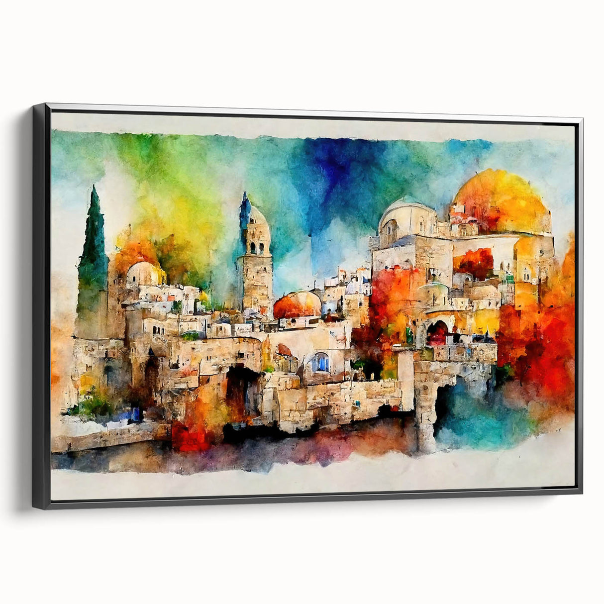 Black and white framed canvas of a Middle Eastern landscape, ideal for bedroom wall decor.