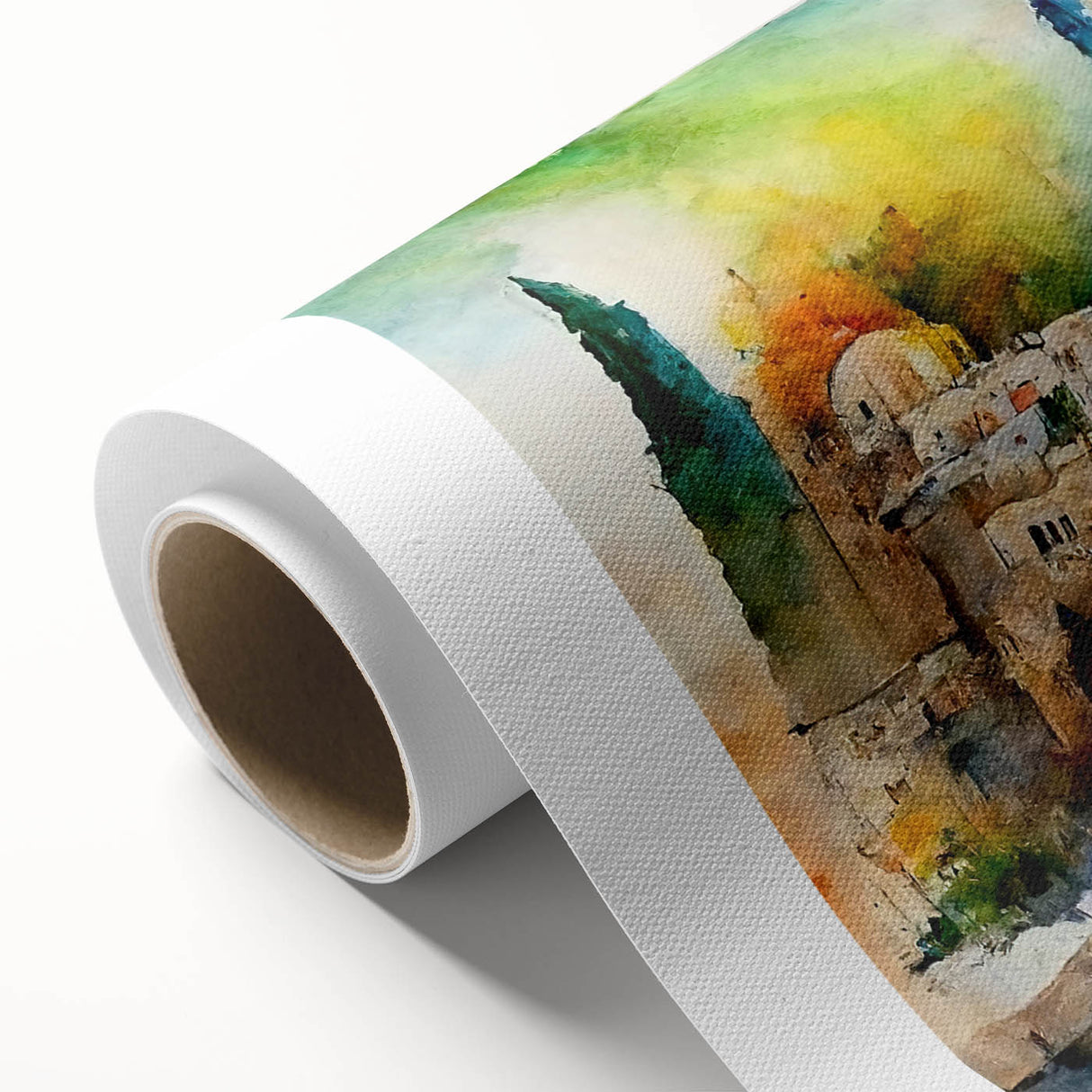 Art deco poster featuring a serene Middle Eastern landscape on rolled canvas.