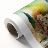 Art deco poster featuring a serene Middle Eastern landscape on rolled canvas.