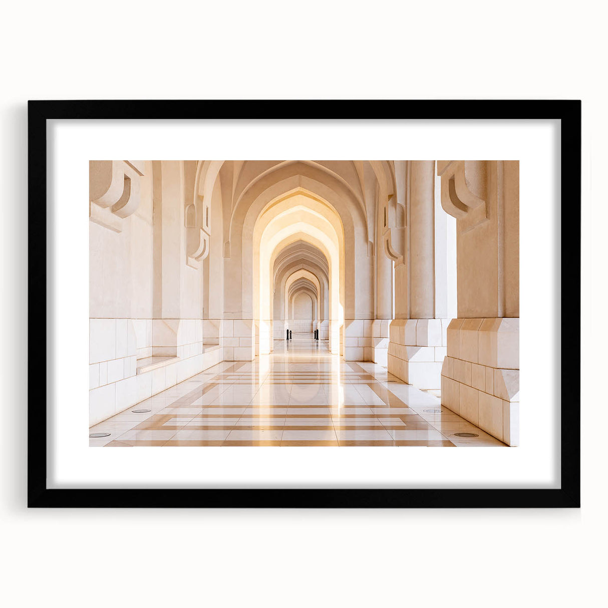 Colorful abstract art print of Middle Eastern scenery in a black frame, ideal for living room decor.