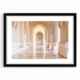 Colorful abstract art print of Middle Eastern scenery in a black frame, ideal for living room decor.