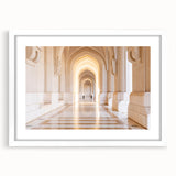 Abstract art print depicting a Middle Eastern landscape in muted earth tones, framed with a white mat.