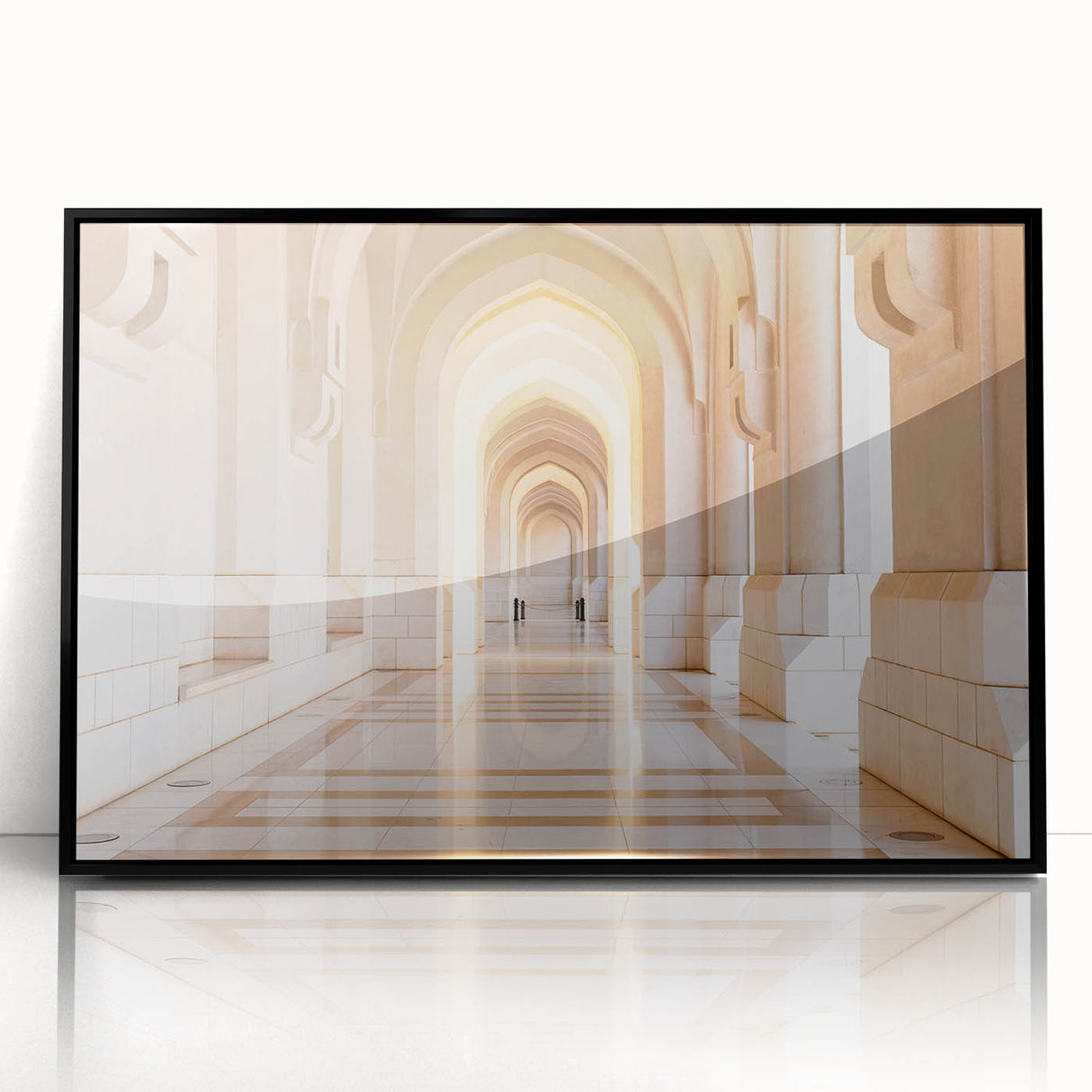 Large abstract wall art depicting a Middle-Eastern Oman scenery in muted earth tones on a framed acrylic.
