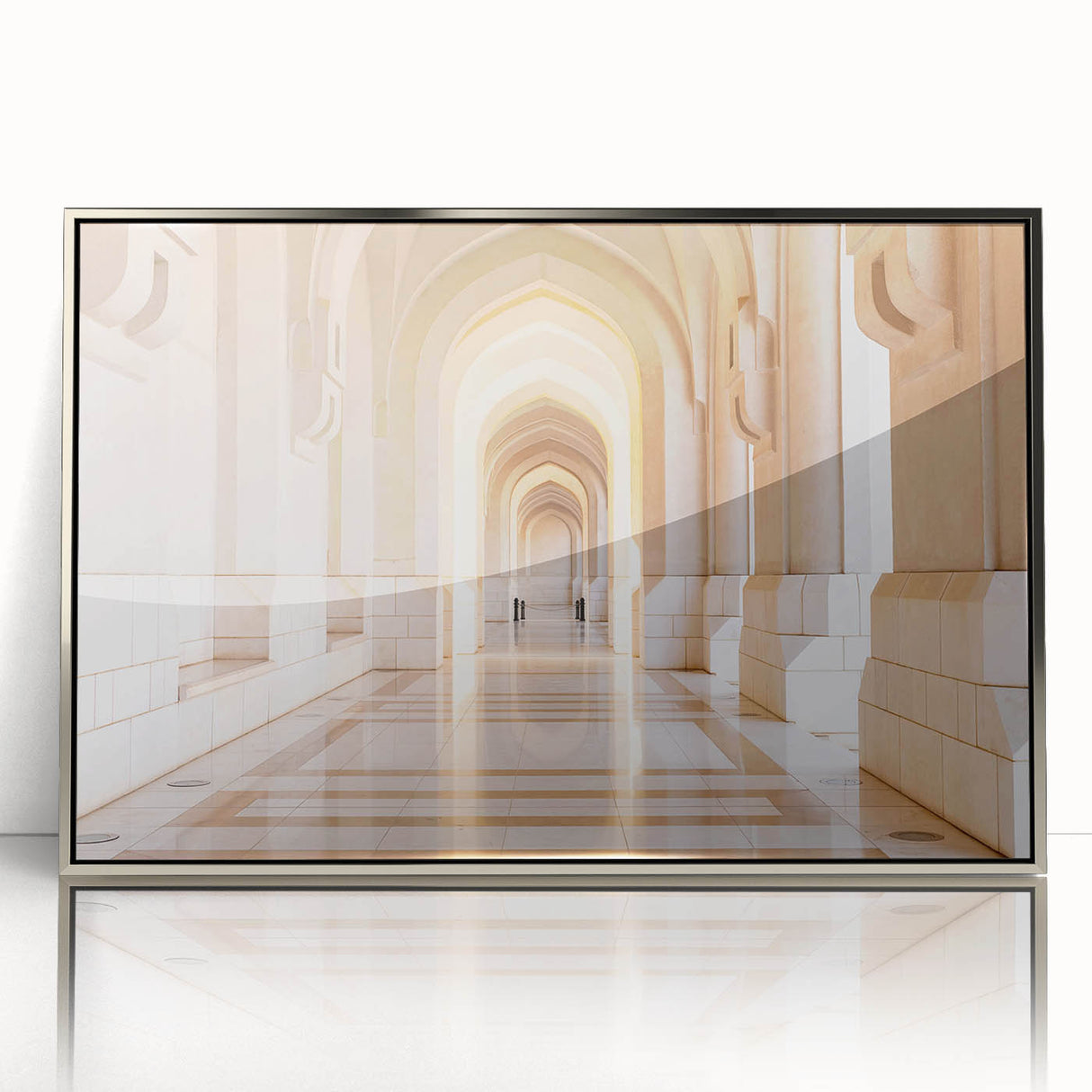 Mid-century modernist art depicting Oman scenery in muted earth tones on a silver-framed acrylic print.