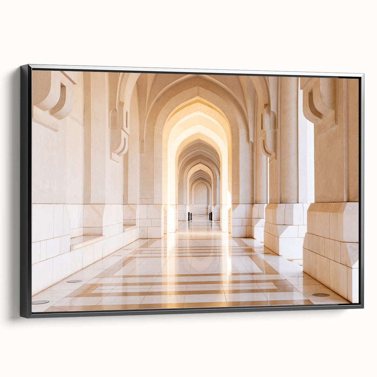Black and white wall art featuring a vintage-style landscape of Oman on a framed canvas, suitable for bedroom decor.