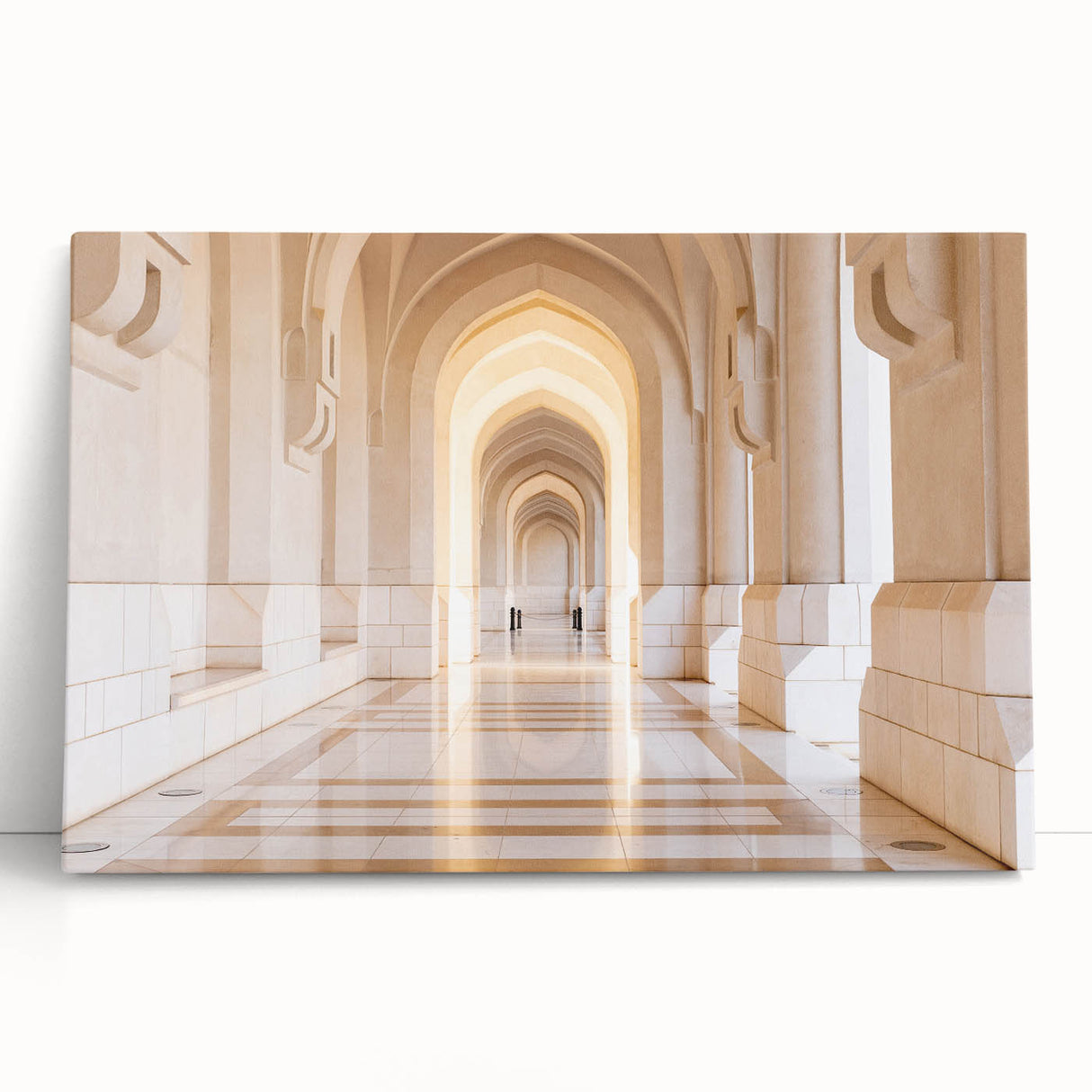 Black and white photograph of a Middle Eastern landscape on a large stretched canvas.