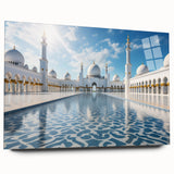 Large abstract wall art of Abu Dhabi skyline in muted gray and blue tones on acrylic glass.