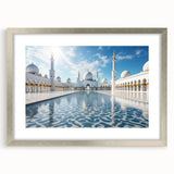 Textured abstract art print of Abu Dhabi skyline in muted silver and gray tones on a framed canvas, ideal for bedroom art.