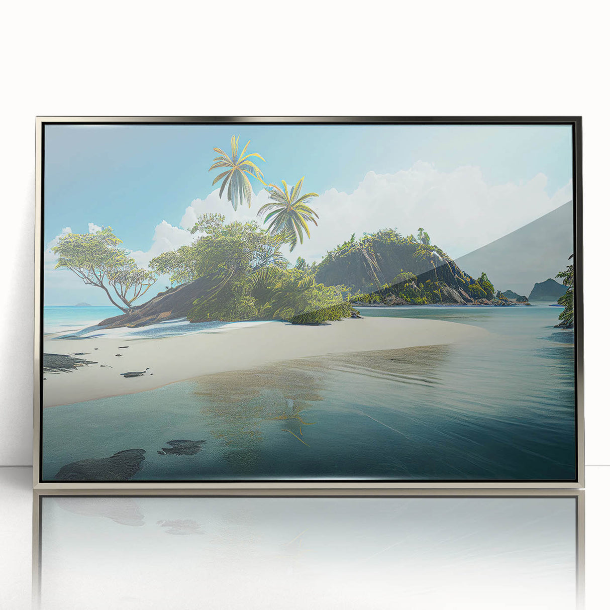 Mid-century modernist art depicting a serene Oceania Fiji scenery in muted blue and green tones on a silver-framed acrylic.