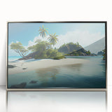 Mid-century modernist art depicting a serene Oceania Fiji scenery in muted blue and green tones on a silver-framed acrylic.